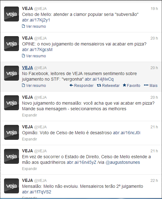 Print Screen do Twitter da Revista Veja logo após o voto do Ministro Celso de Mello